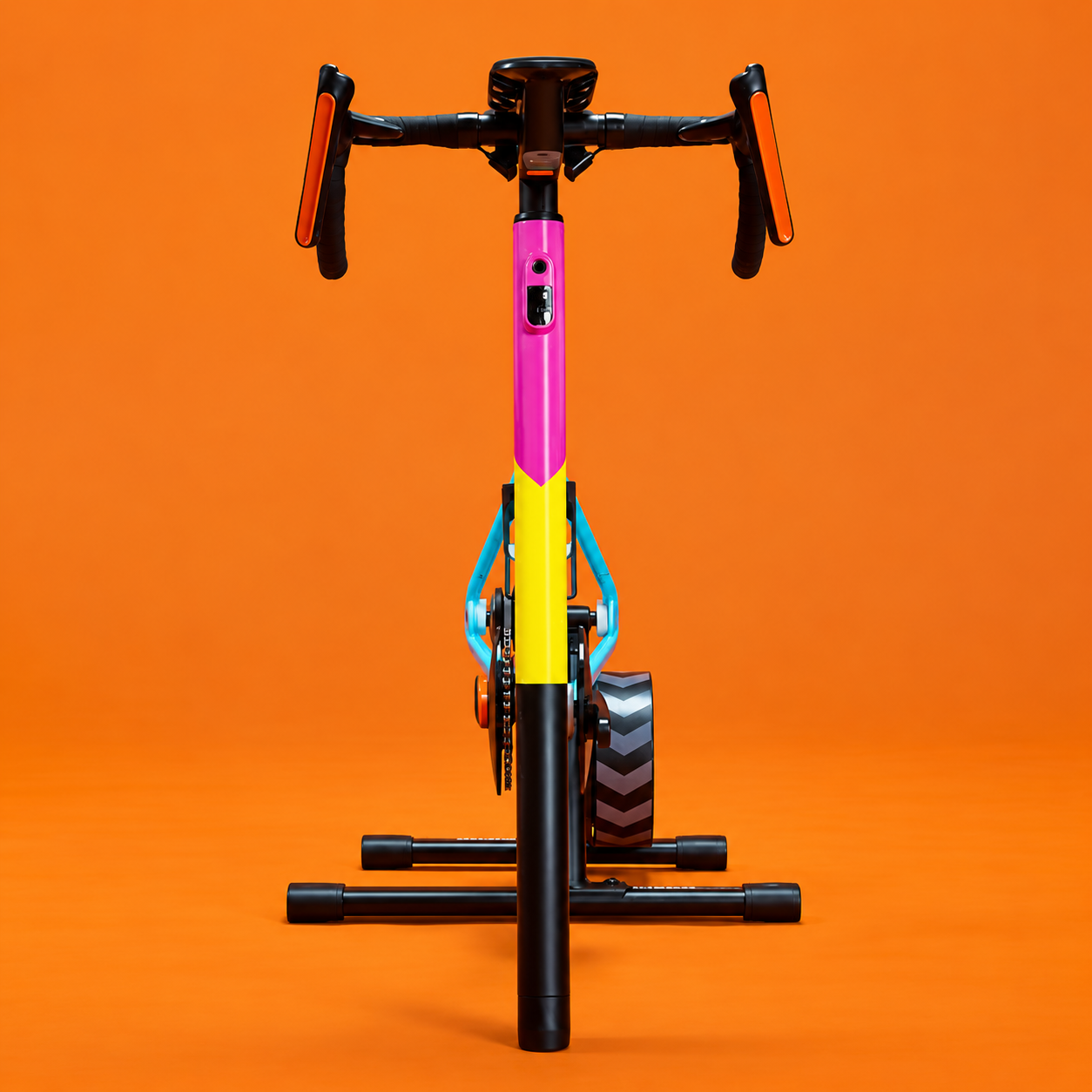 Front view of the colourful Zwift Ride frame and handlebars